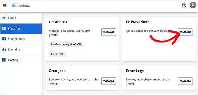 Click the Manage button next to the PHPMyAdmin option 单击 PHPMyAdmin 选项旁边的 Manage 按钮