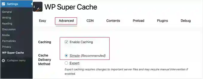 WP Super Cache advanced settings WP Super Cache 高级设置