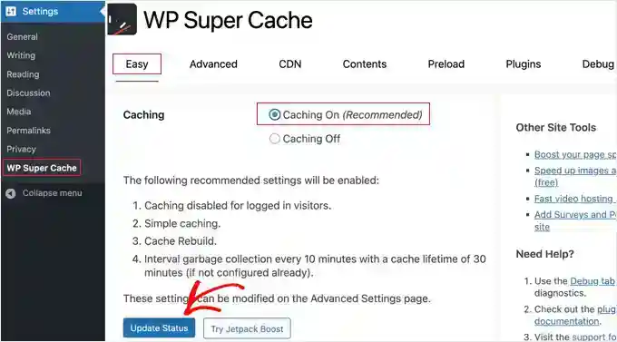 Enable caching in WP Super Cache 在 WP Super Cache 中启用缓存