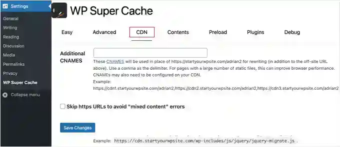Click the skip HTTPS URLs option in WP Super Cache 点击 跳过 HTTPS URLs WP Super Cache 中的选项
